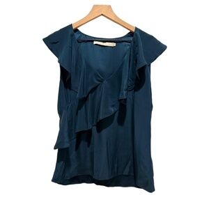 MARIE OLIVER Size S Dark Teal Blue Ruffled V-Neck Blouse Sleeveless 100% Silk